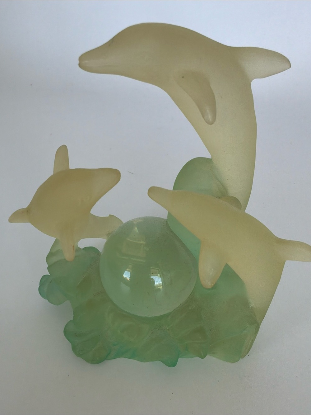 Vintage Frosted Dolphin Family Figurine with Crystal Ball Ocean Sculpture